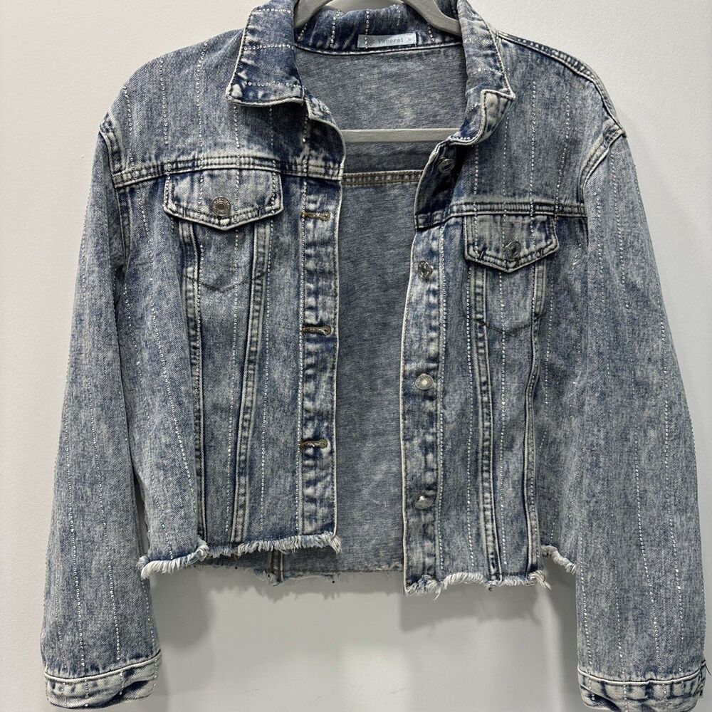Rinestone Studded Blue Jean Jacket Women’s Light Wash Western Bling Glitter Rode
